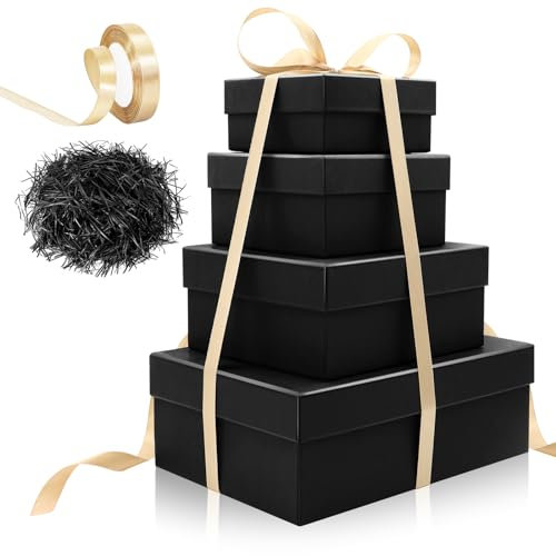 4 Pack Quadratischer Nesting-Geschenkboxen mit Deckeln, Karton-Präsentboxen zum Stapeln mit Schleife, Raffia für Geburtstagsparty, Hochzeit, Mathertag in den Größen klein, mittel groß Schwarz Schwarz