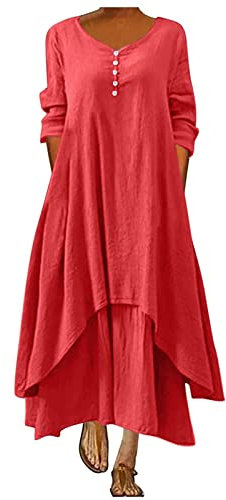 AMhomely Plus Size Boho Maxi Dresses Ladies Linen Summer Dresses Plus Size Long Sleeve Lagenlook Dress Elegant Party Casual V Neck A-line Tea Plain Baggy Holiday Red L