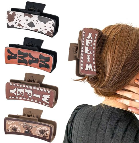 4stk Western-Haarklammern aus Leder, Quadratische Klammern Haarschmuck aus Rindsleder mit Südwest-Kuhmuster Ästhetische Große Haarspangen für Mädchen und Frauen Dickes Langes Haar (4 Stile)