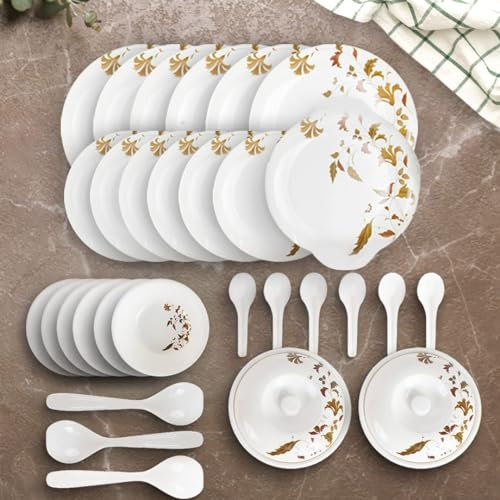 Four Leaf Dine Smart Melamine 32 Pieces Dinner Set Heat-Resistant | Unbreakable & Durable | Shatter-Resistant | Light-Weight | BPA Free (Brown Flower)