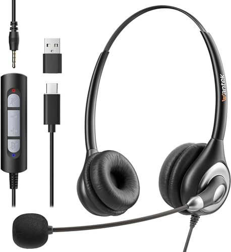 Wantek Cuffie USB con microfono per PC, cuffie cablate con USB C da 3,5 mm, con microfono di cancellazione del rumore, per laptop con cuffie di tipo C, con controllo del volume in linea