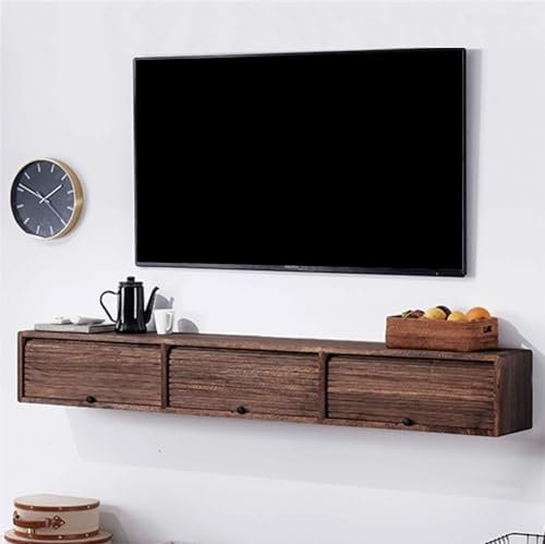 FQWYNMZ Schwebender TV-Ständer, Lowboard Hängend, Wandmontierter TV-Schrank aus Massivem Holz mit 3 Schubladen, Rolltür-Design, Schwebende TV-Konsole mit Kabellöchern, Medienkonsole