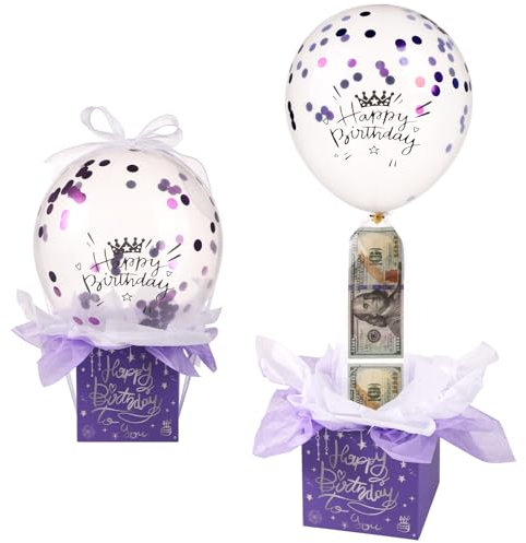 Pull Geld Ballon Box für Geldgeschenke, Lustig Happy Birthday Überraschungsset mit Ballon Band Ballon Halter Pull Money Balloon Box Herausziehbare Geschenke für Freundin Ehefrau (Lila)