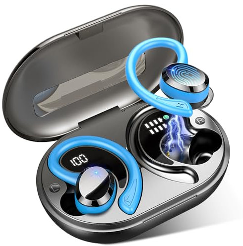 Auriculares Inalámbricos Deportivos Bluetooth 5.3, 48H Cascos Con HD Mic, HiFi Estéreo, Cancelación Ruido ENC, IP7 Impermeable, Azul Claro