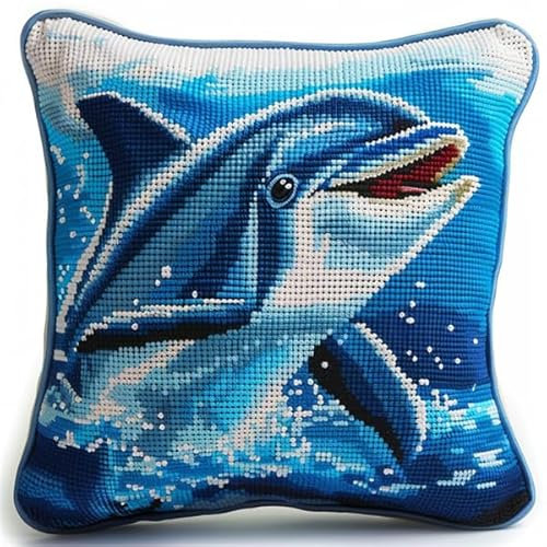 kitphoenix DIY Knüpfhaken-Set Knüpfkissen Delfin Latch Hook Kissen Kit Knüpfteppich Knüpfpackung Set, Sofakissenbezug Handgemachte Geschenke,43cmX43cm