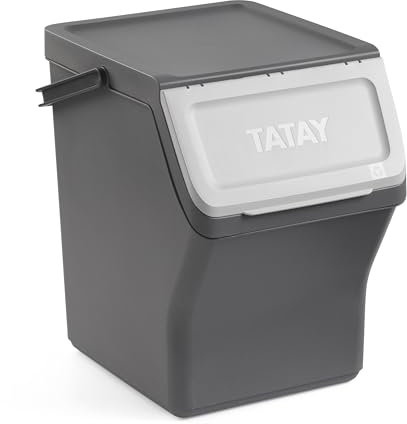 TATAY Mülltrennsystem Easy Waste 20L | Recycling Behälter | Modular und Stapelbar | Deckel mit Klicksystem | Integrierter Tragegriff | Aus Recyceltem Material | 35x27x36 cm – Grau