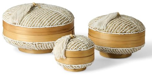 Karmagonia Lot de 3 boîtes de rangement avec couvercle en bambou – Boîtes décoratives bohème faites à la main avec perles brodées – Panier de rangement rond décoratif tressé