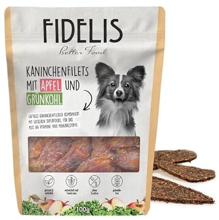 Fidelis - Kaninchenfilets Apfel & Grünkohl für Hunde 100gr - Luftgetrocknete Hunde Leckerlis aus 100% natürlichen Rohstoffen - Hunde Leckerli als Snack