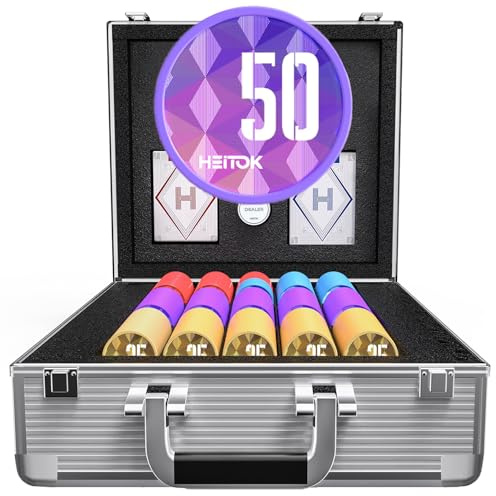 HEITOK 600-teiliges Casino Pokerchip-Set mit Nennwerten, 11,5 g gewichtete Chips, 2 Decks, kompaktes Aluminiumgehäuse für Texas Hold'em, Blackjack