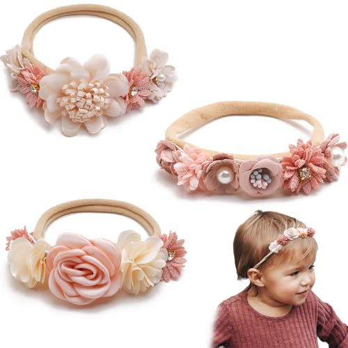 ZKGYUS 3 Pièces Bébé Fille Bandeaux,Fleur Élastique Bande De Cheveux Accessoires,Idéal pour une utilisation quotidienne ou pour la photographie