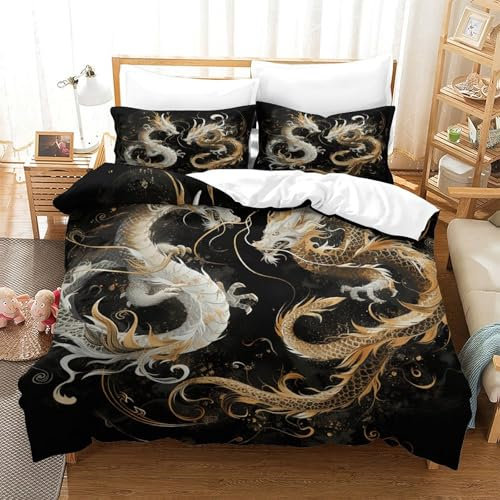 CWBNA0RBN Dragon Bettbezug Bettwäsche Set Kinderbettwäsche Reißverschluss Mit Kissenbezug Betten Set Für Jugendliche Kinder Schlafzimmer Single（140x200cm）