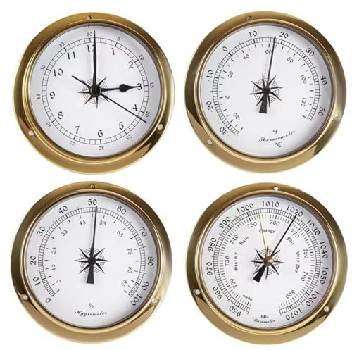 HHFLRAWA Barometer Thermometer Hygrometer Uhr Set, 4 Stück Set Analog Wetterstation, Barometrisches Manometer für Zuhause, Innen- und Außenbereich, für Zuhause Wand Fischerboot Babyzimmer Büro