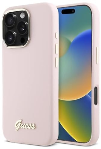 CG MOBILE Guess GUHCP16LSMBSLP Hülle für iPhone 16 Pro 6.3 rosa Silicone Script Metal Logo & Frame