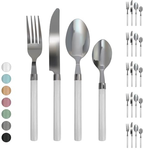 Servizio 24 Pezzi Posate Tavola Acciaio Inox Manici Colorati Tinta Unita Colori Moderni 6x Forchetta Coltello Cucchiaio Cucchiaino Lavabili Lavastoviglie Certificate Contatto Alimenti - Bianco