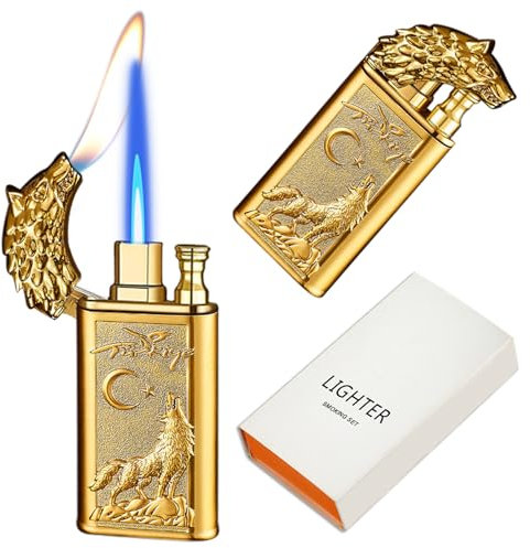 CYJBAO Relief Dragon Dual Flame Taschenlampe Feuerzeug Winddicht Einstellbarer Jet & Soft Flamme Nachfüllbar Butan Gold Wolf Vintage Style