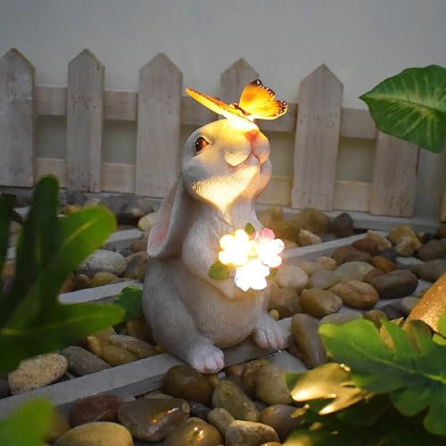 WUHUHAI Solar Rabbit Statue Garden Ornaments Outdoor Decorations, Garden Bunny Figurine Decor with Butterfly, 5 LED Solar Lights for Home Decors, Patio, Yard, Balcony Unique Gifts for Mum/Grandma