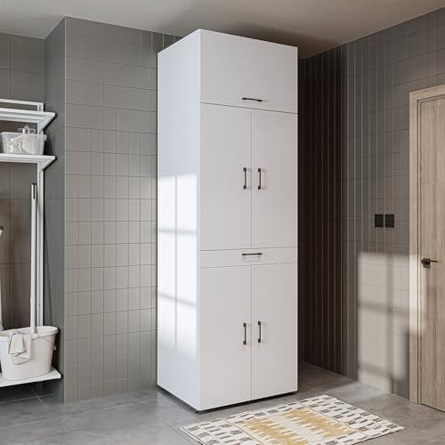 ROOMART Waschmaschinenschrank Dora für Trockner & Waschmaschine, in 4 Farben, mit Türen & Ausziehbrett (Weiß - 230cm hoch -)