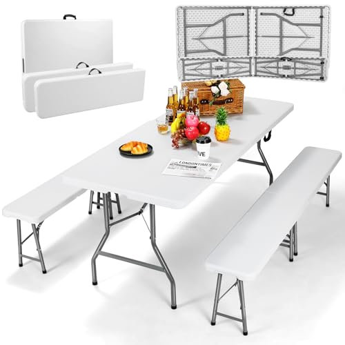 Bierzeltgarnitur Klappbar 3-teilig Set 1 Biertisch & 2pcs Bierbank Klappbar,Festzeltgarnitur Biertischgarnitur 183cm mit Tragegriff,Gartenmöbel Set Wetterfest,Campingtisch Outdoor & Indoor,Weiß