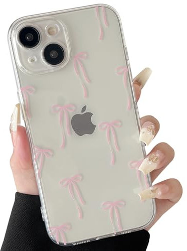 ZTOFERA Clear Case for iPhone 13, Cute Ribbon Bowknot Pattern Design Aesthetic Transparent Phone Case Soft Flexible TPU Shockproof Protective Cover for Women Girls - Light Pink Ribbon