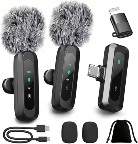 Wireless Lavalier Microphone for iPhone, iPad, Android Phone，2-Pack Mini Microphone with Noise Reduction, Auto Pairing and Mute & Reverb for Vlogging, Video Recording, TikTok, YouTube - Plug & Play