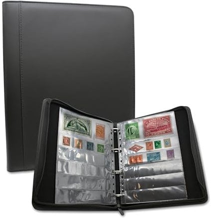 DOJA Barcelona | Album para Sellos | Libro Cuero PU Clasificador para Sellos con Cremallera y Anillas | 16 Hojas Doble Cara | Álbum Coleccionar y Guardar Sellos | Paginas Fundas Diferente Tamaño