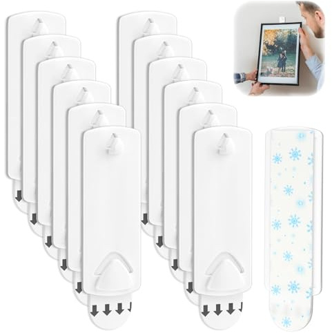 UIHRLM 12 Pack Adhesive Picture Hooks, Removable Self Adhesive Picture Hooks No Nails, Damage Free Wall Sticky Pictures Hanging Hangers for Hanging Pictures, Frames and Wall Decorations (2.7*7.5)