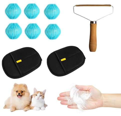 ZexJpr 9-teilig Tierhaarentferner Handschuh, Handschuhen Zur Tierhaarentfernung, Fusselroller Und 6 Wäschebällen, Effektive Entfernung Von Katzen- Und Hundehaaren Von Kleidung Und Möbeln