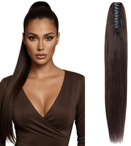 MY-LADY Extension Queue de Cheval Naturel, 35cm Postiche Cheveux Naturels avec Pince #02 Marron Foncé Vrais Extension Cheveux Humains Lisse avec Cordon pour Femmes 105g
