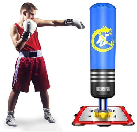 Dripex Sac de Frappe sur Pied Rempli 120 cm Sac de Boxe Adolescent Punching Bag avec 12 Ventouses pour Karaté Taekwondo MMA - Bleu
