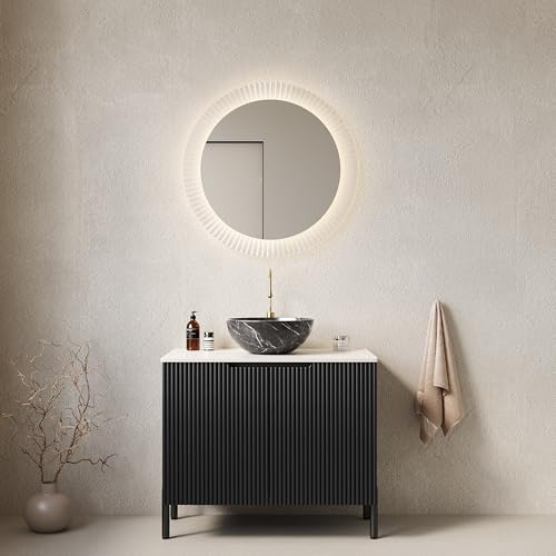Waschbecken mit Unterschrank - 76cm Freistehender Waschtisch mit Weißen Gesinterten Carrara-Steinplatte, Schwarzen Steinmuster-Schüssel & Gestreiftem Doppeltürenschrank – Ideal für Badezimmer & Gäste