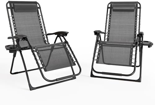 RTDTD 2-teiliger Zero Gravity-Stuhl mit Getränkehalter, Verstellbarer Rückenlehne und Kopfstütze, Textilene-Bezug und Stahlgestell, Sonnenliegen für Terrassen, Innenhöfe, Gärten und Camping (grau)