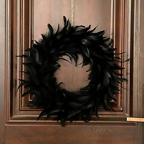 RASTKY Hochwertiger Schwarzer Federkranz für Halloween-Party-Dekoration. 40 cm Schwarzer Feder-Türkranz für Spukhäuser und Horror-Nachtaktivitäten