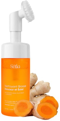 Séfia - Nettoyant Visage Éclat au Curcuma 120 ml - Mousse Nettoyante avec Brosse Intégrée - Curcuma x10 + Acide Aminé Végétal - Purifie & Illumine - Tous Types de Peaux (Nouvelle Version)