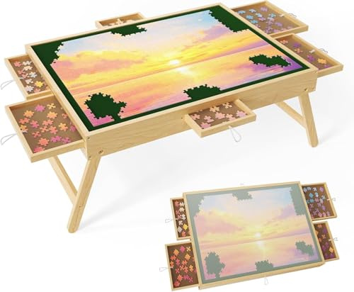 Jigsaw Puzzle Board,1500-Piece Wooden Puzzle Table, 3-Tilting-Angle Adjustable, Puzzle Board with 6 Sorting Drawers, Portable and Felted Anti-Slip Surface, Transparent Cover for Jigsaw Puzzles