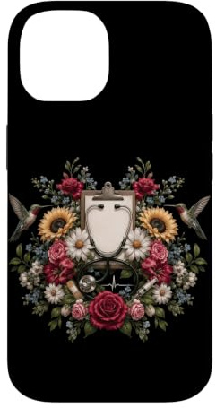 Hülle für iPhone 14 Krankenschwester-Stethoskop, Blumenmuster, Kolibri, Sonnenblume, Gänseblümchen