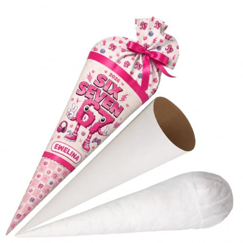 Schultüte Six Seven 67 Pink Rosa mit Namen für Mädchen Personalisierte Tüte 70 cm Zuckertüte aus Stoff mit runde Papprohling und Füllung aus Silikonkügelchen große Tüte als Kissen