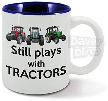 Still Plays with Tractors, Farmer, Farming, Drive Green Tractor, Driver, Birthday Gift idea, Blue Inside, Ceramic Mug, Cup