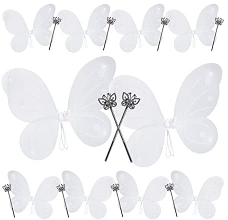 Relaxdays 10 x Feenflügel mit Zauberstab, Fee Kostüm Kinder, Flügel & Zepter, Glitzer, Mädchen, Feenset, weiß & silber