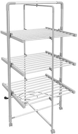 Todeco - Sèche-Linge Electrique, Etendoir Pliant d'Intérieur - Dimensions du Produit replié: 143 x 72 x 9 cm - Matériau: Alliage en Aluminium - 3 étagères, Blanc, avec des Roues