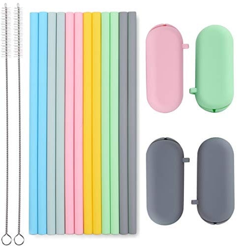 Sunseeke Silicone Straws Reusable - Odorless, 12 Standard Drinking Straws, 4 Carry Pouch, 2 Cleaning Brushes, Certificated Food Grade Platinum Silicone - 8 1/2 Long