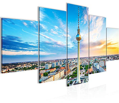 Runa Art Bild Wohnzimmer Büro Berlin Fernsehturm 5 Teilig Städte Blau Bunt Wandbilder auf Vlies Leinwand 015953a