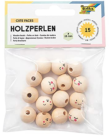 folia 22981 - Holzperlen Cute Faces, 15 runde Holzkugeln mit lustigen Gesichtern bedruckt, sortiert in 3 Motiven, natur, Durchmesser 15 mm, zum Auffädeln für Ketten oder zum Basteln von Figuren