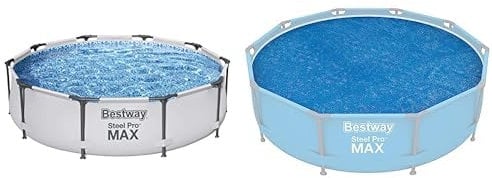 Bestway - Schwimmbad Steel Pro - 305x76 cm - Rund - 4.678L - Grau & Flowclear Solarabdeckplane Ø 289 cm, für runde 305 cm Aufstellpools, blau