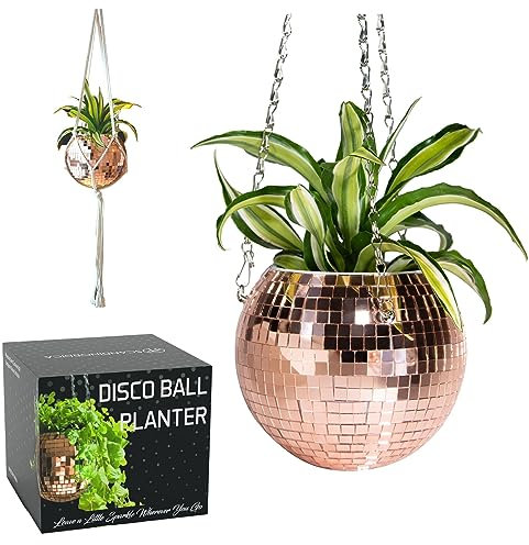 SCANDINORDICA Discokugel blumentopf - Spiegelkugel hängende blumentöpfe, diskokugel Pflanzen, discokugel deko übertopf makramee, Geschenk Freundin | Disco Kugel pflanzentopf – 15 cm Rosegold