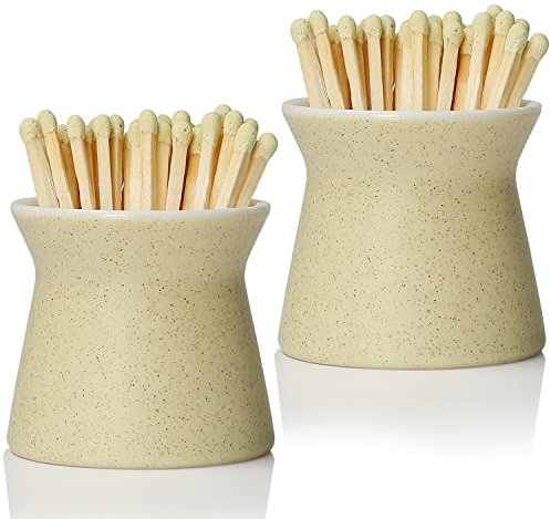 Haillai Paquete de 2 soportes para fósforos con 6 piezas, caja de cerámica hecha a mano para todos los fósforos, bonito tarro de decoración del hogar con golpeador para velas, chimenea, salón, blanco