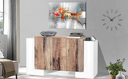 möbelando Sideboard Anrichte Standschrank Kommode Beistellschrank Schrank Pinerolo IV Weiß Hochglanz/Ahorn