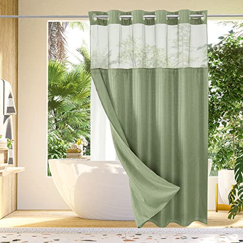 Gibelle No Hook Waffle Weave Shower Curtain with Snap-in Fabric Liner Set for Bathroom, Hotel Style with Mesh Top Window, Waterproof & Washable, Sage Green, 72x74