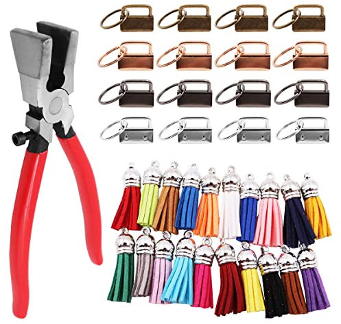 WANGCL 20 Pcs Key Fob Hardware Set with 24 Pcs Leather Keychain Tassels in 4 Colors