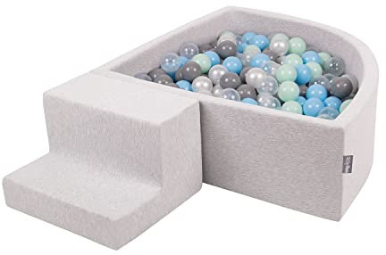 KiddyMoon Aire De Jeux en Mousse avec Quart Angulaire Piscine À Balles (200 Balles) pour Bébé, Gris Clair: Perle/Gris/Transparent/Babyblue/Menthe