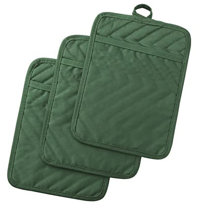 Anyi Topflappen und Ofenhandschuhe, 17,8 x 22,9 cm, hitzebeständig, Baumwolle, Topflappen-Set, mit rutschfesten Küchenhandschuhen, 3 Stück (Jägergrün)
